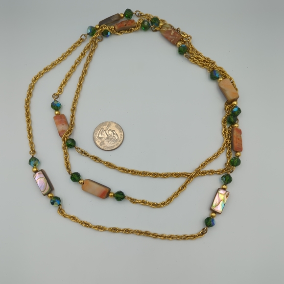 Vintage Gold Tone Necklace Abalone Shell Green AB Glass Beads Stations Long 42" - Picture 8 of 10